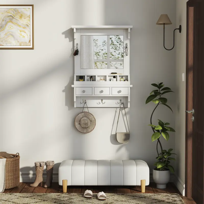 Wall-Mounted Makeup Vanity with Large Mirror - Space-Saver White Floating Vanity Table, Pre-Assembled Classic Glam Organizer with Storage Drawers, Pockets, Hooks for Bedroom/Bathroom