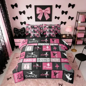 Ballet Dancing Theme Black Pink Girls 7 Piece Bedding Set,| Dancer Aesthetic Comforter Set with Sheets Dance Shoes Kawaii Bed in A Bag Women Teens Adults Bed Sets