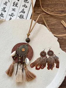 Bohemian Dreamcatcher Vintage Jewelry Set, Vintage Appeal, Includes Geometric Leaf Earrings, Double Layer Round Pendant Necklace, Copper Ring