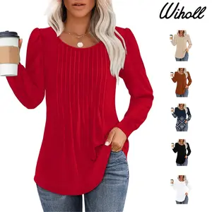 WIHOLL Fashion Crewneck Pleated Tunic Tops for Women Soft & Breathable Long Sleeve Blouses Dressy Casual Wear with Leggings Ultra Soft Pleated Tunic Top for Fall Essential Chic Shirts