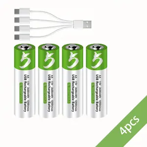 Type-c interface 2600mWh compatible with AA rechargeable lithium battery, 4 pack with fast charging cable, 1.5V durable, smart battery