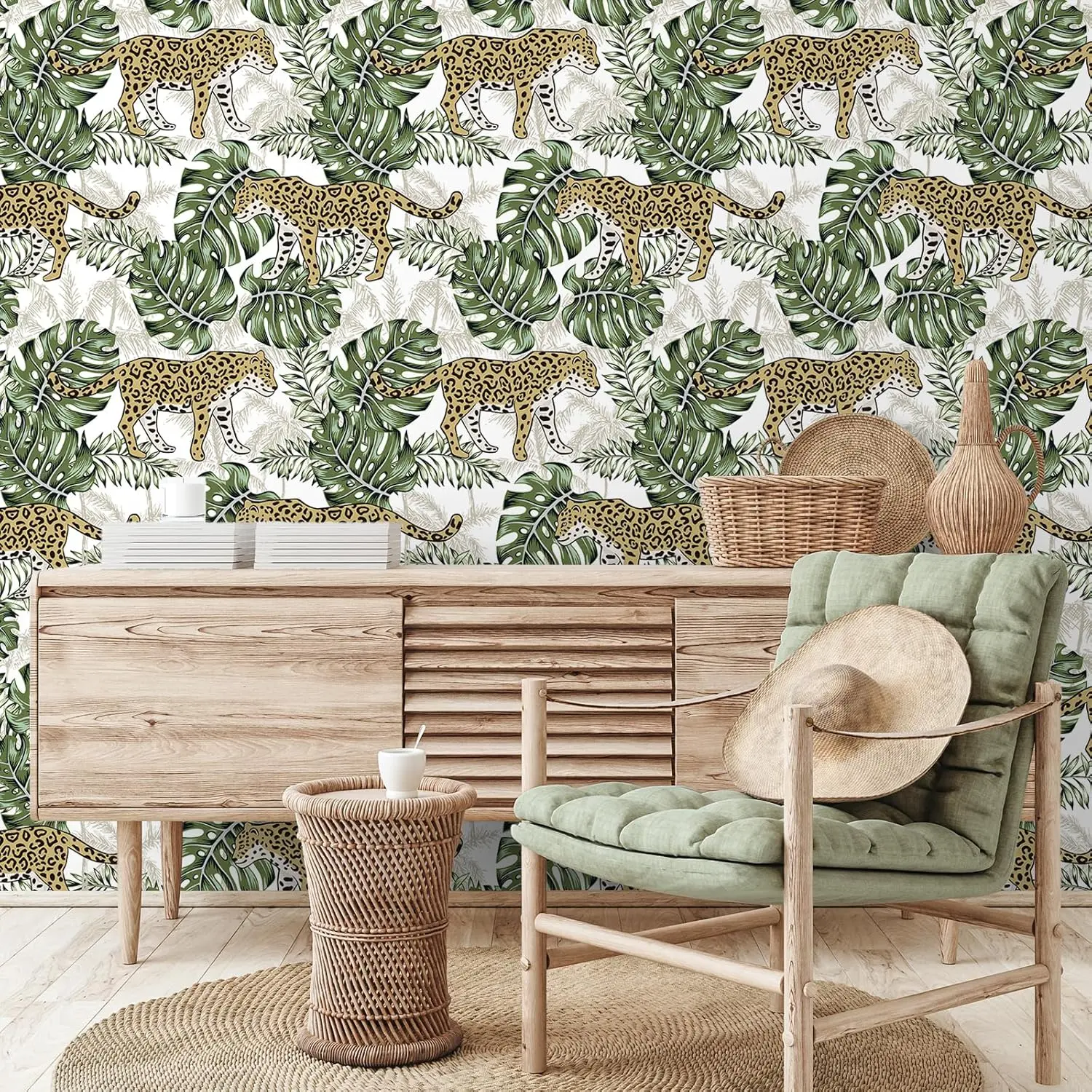 VEELIKE Nature-Inspired Peel-and-Stick Wallpaper, Renter-Friendly Repositionable Thick Vinyl Waterproof White Leopard Monstera Leaf Design, 17.7in x 118in Self-Adhesive Contact Paper for Accent Wall, Powder Room, Closet, Shelves