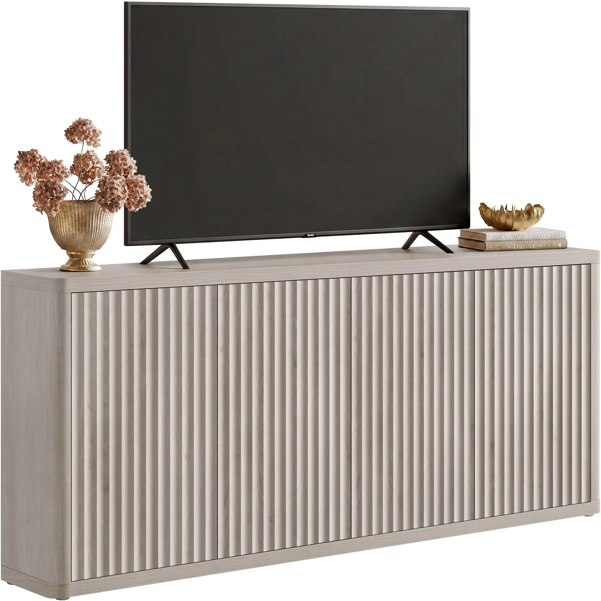 SICOTAS Modern Long Fluted TV Stand - Single Unit Media Console with Storage, Solid Base Entertainment Center for 65" TVs, Living Room Furniture, Storage Space