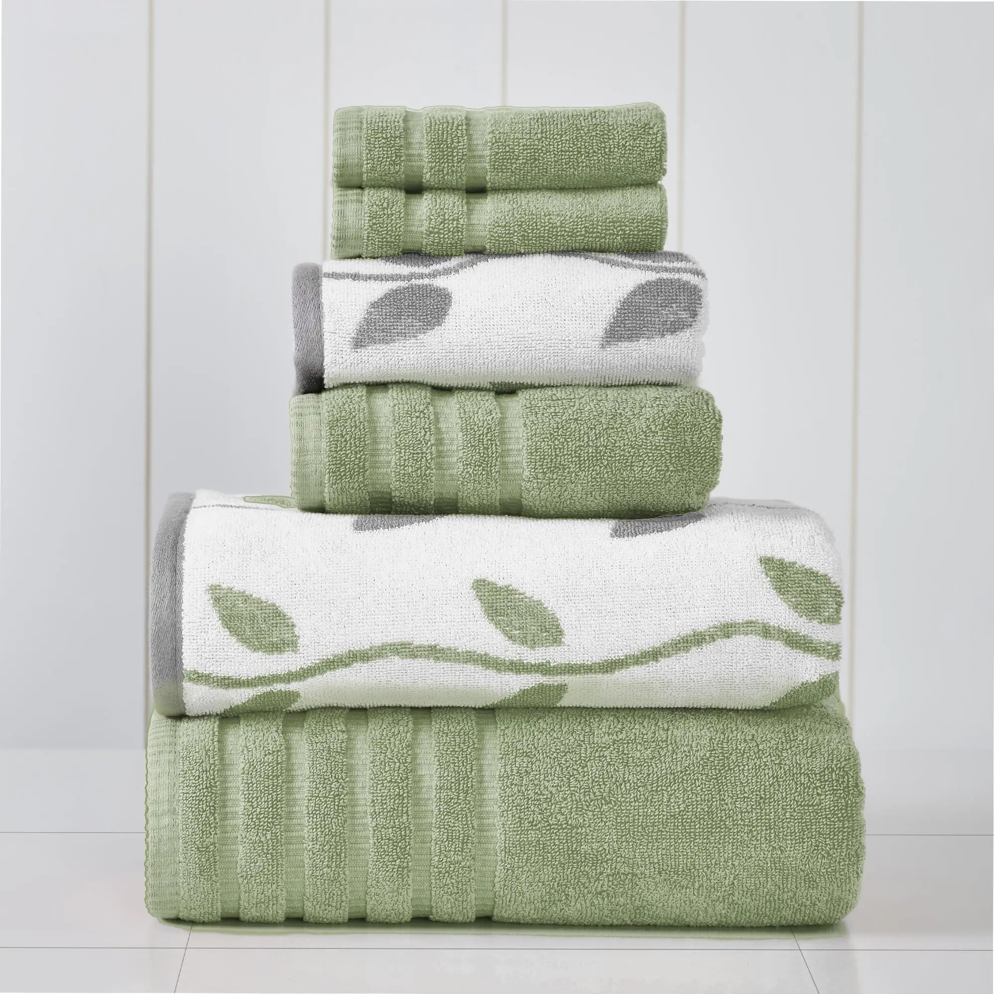 Modern Threads Premium 6-Piece Organic Cotton Bath Towel Set - Sage Green Organic Vines Design, Fluffy, Water Absorbent, Breathable, Lightweight Soft Bathroom Towels, Towel Sets, Six Pieces