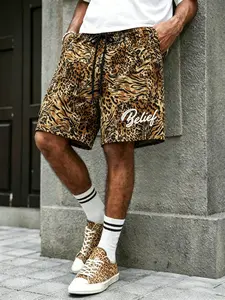 Unisex style, Y2K, streetwear-inspired Menswear American retro leopard print Belief hand-drawn floral print loose straight-leg shorts, summer fashion staple, versatile casual pants, unique streetwear, Loose Fit Shorts