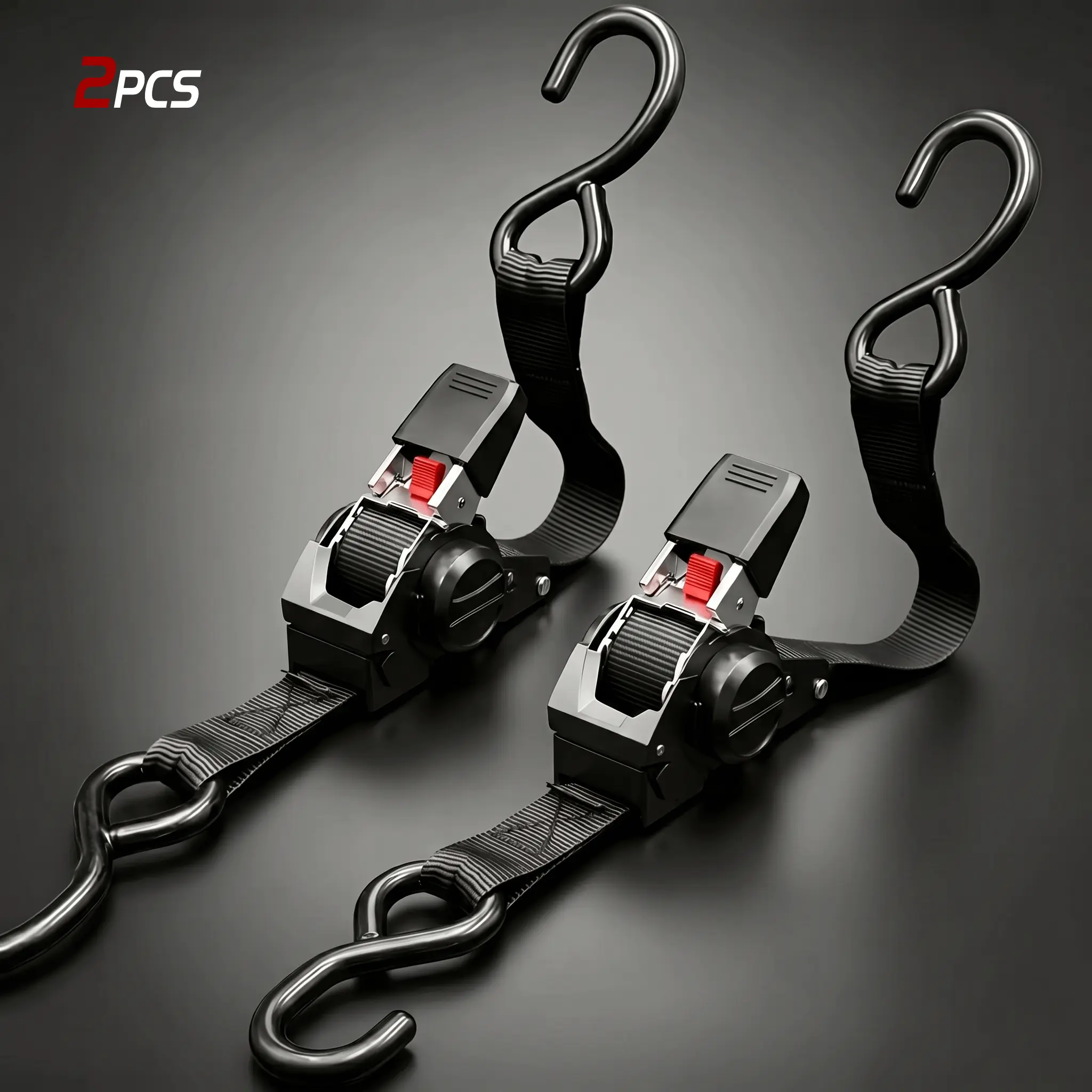 2-Pack Auto Retractable Ratcheting Straps, Self-Retracting Tie-Down Straps with S-Hooks, 1500 lb Break Strength for Motorcycle, Truck Cargo