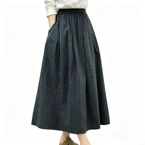 utcoco Women's Gingham Midi Skirt Elastic High Waist A-Line Flared Long Skirt for Casual Daily & Office Wear