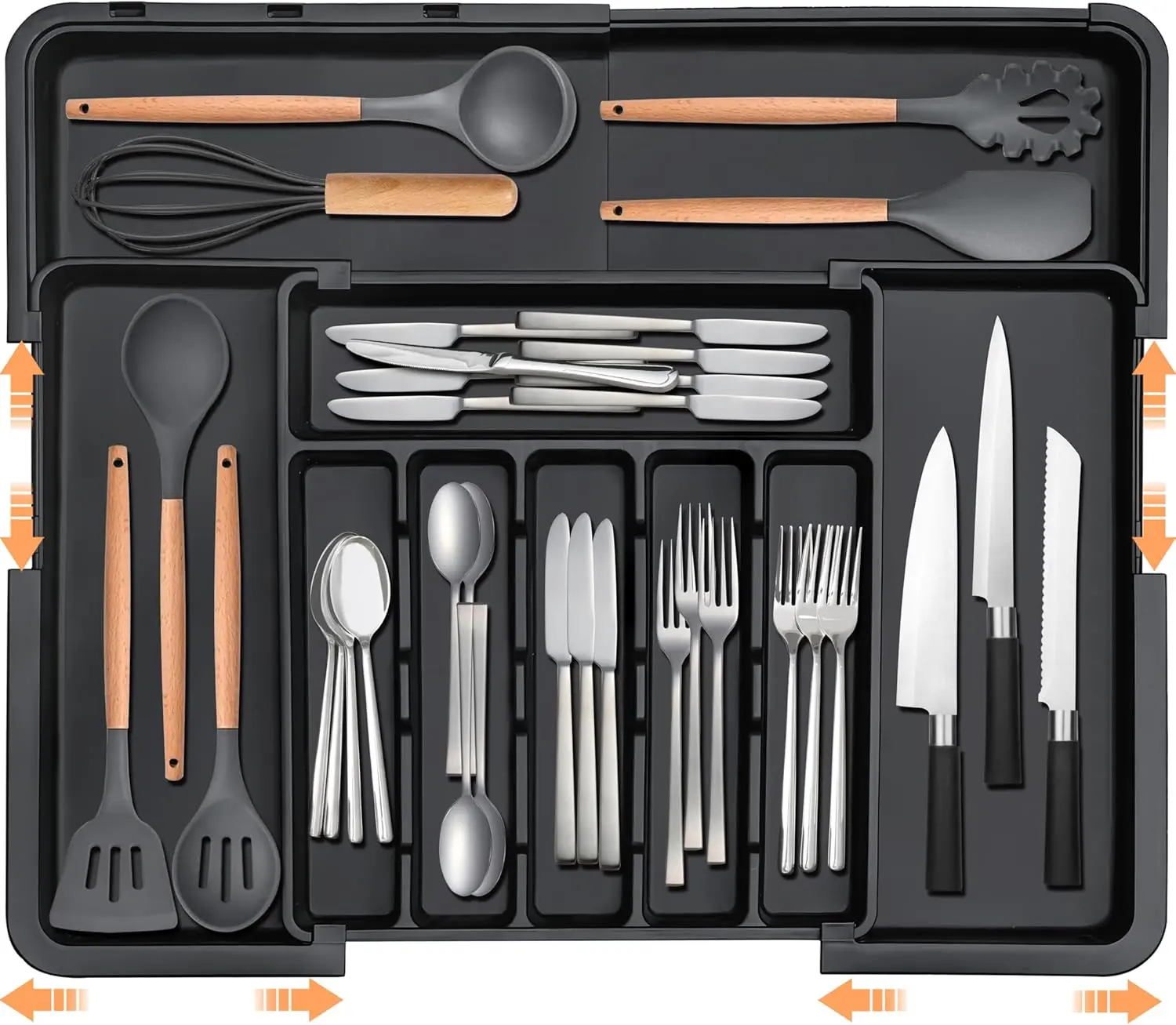 Collapsible Expandable Utensil Organizer - BPA-Free Plastic Adjustable Organiser, 6-9 Slot Silverware Tray with Secure Buckle, Non-Slip Base, Smooth Finish for Silverware, Jewelry, Crafts Storage (Indoor Recreation Use), Collapsible Expandable Organizer