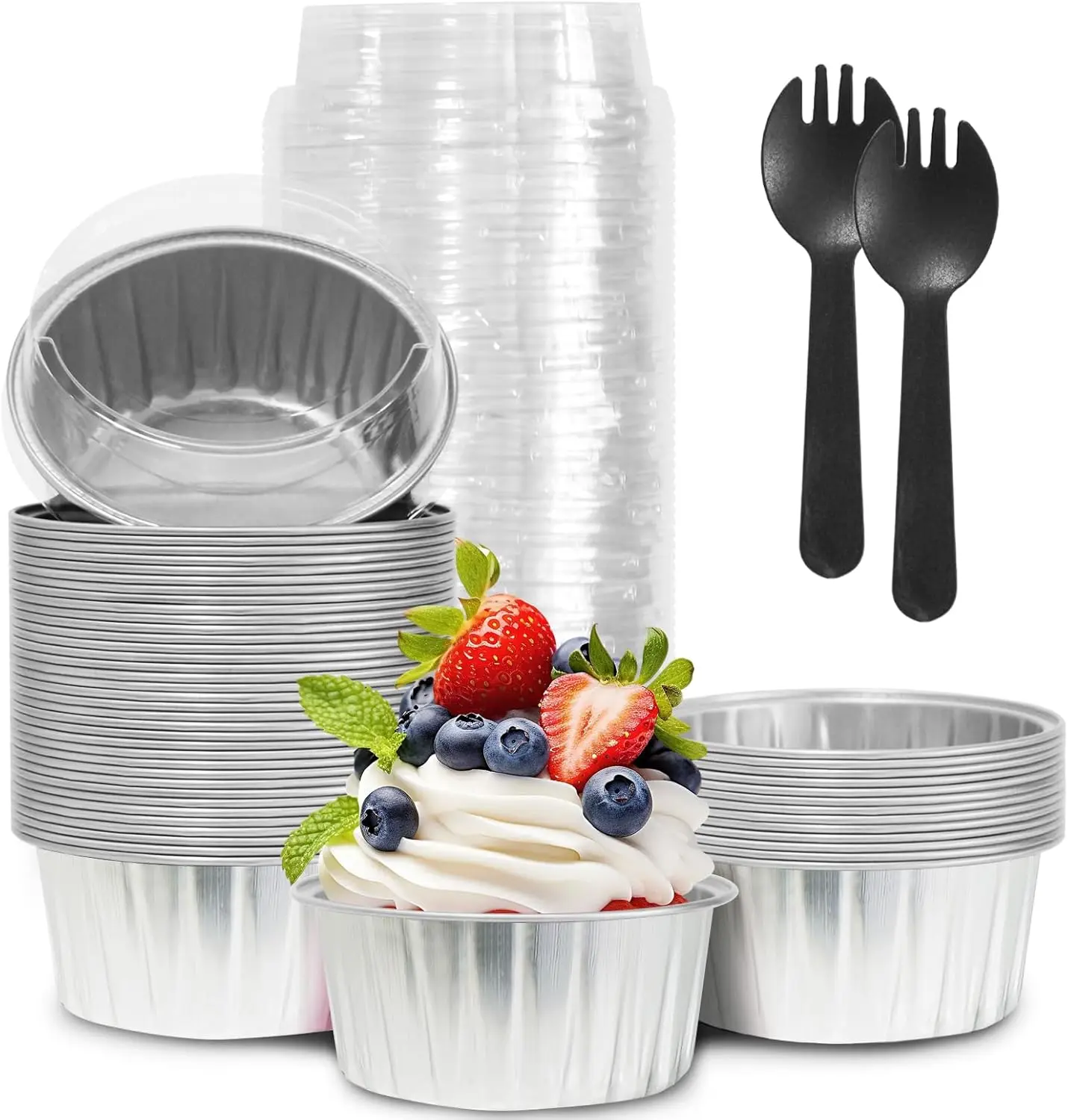 50Pcs Mini Aluminum Foil Cupcake,5oz Baking Cups with Lids,Mini Cake Pans Disposable,Loaf Pans with Lids,Disposable Ramekins,Tin Cups Containers for Cupcake,Pudding,Muffin,Cheesecake (Silvery)