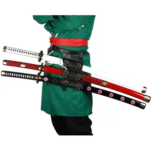 41 inches Anime Bamboo Wooden Roronoa Zoro Sword Cosplay Set, Shusui Wado Ichimonji Sandai Kitetsu with Belt & Holder Stand Display for Halloween Role Playing Collection Cosplay