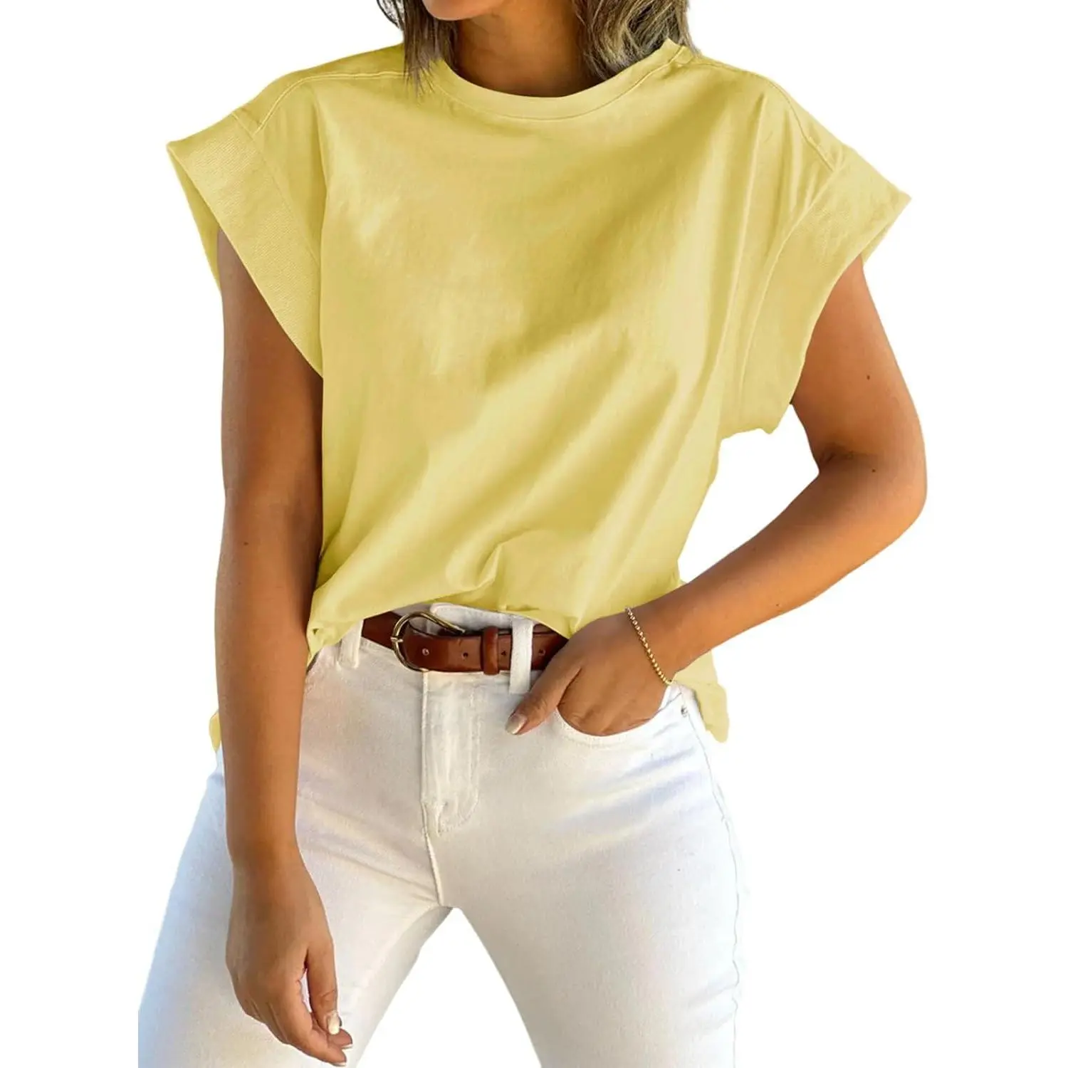 Imily Bela Women's Summer Comfortable Cap Sleeve Tank Top Crew Neck Solid Casual Loose Fit Basic Tee Shirt Womenswear