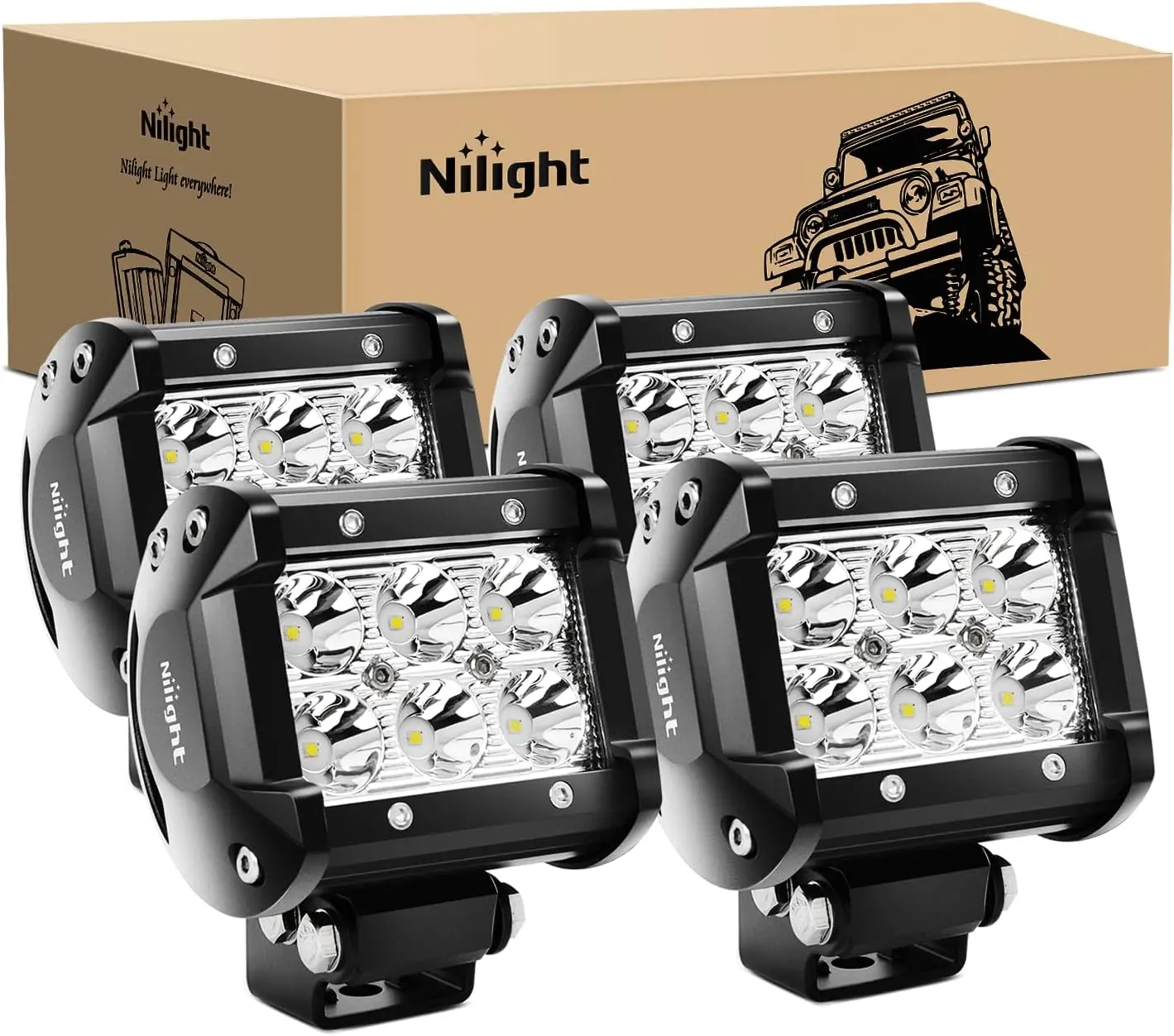 Nilight 4PCS 18W 1260lm Spot LED Lightbar, 12V-24V Waterproof LED Pods, Off-Road Driving Fog Work Lights for Pickup Trucks, Vehicle Accessories fathersdaygift, Led Front Lights, Truck Accessories