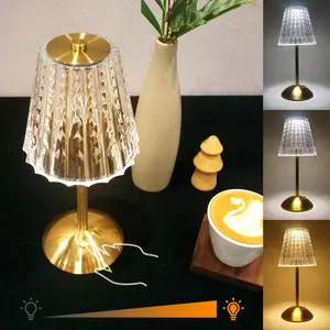 2pcs Cordless Table Lamp, Rechargeable Battery Operated Lamp, 3 Color Modes & Stepless Dimmable LED Touch Lamp, Portable Crystal Gold Metal Beside Lamps for Bedroom Living Room Restaurant Outdoor