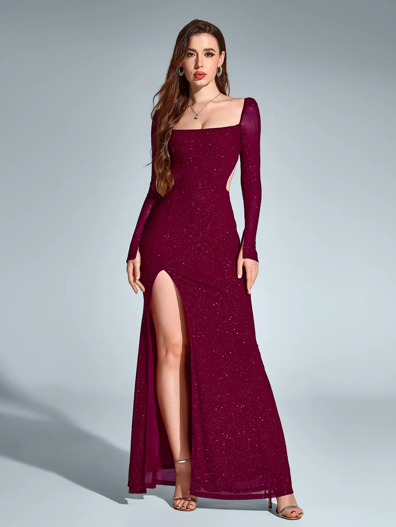 Parthea Women's Soft Fabrics Overall Backless Square Neck Split Thigh Mesh Sequin Glitter Bodycon Maxi Dress - Elegant Formal Wear for Dinner Parties, Sparkly