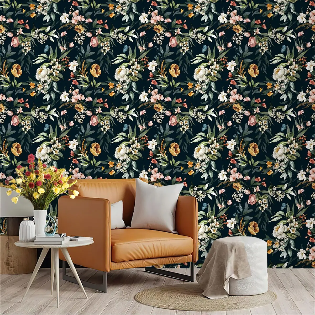 Multicolor Floral Wallpaper Roll, Large Peony// Rose, Deep Ink Blue Background, PVC Adhesive Backing, Easy Peel & Stick