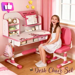 Kids Desk and Chair Set, Height Adjustable Pink Desks for Kids, Kid Desk with Storage,Toddler Table Study Table with Bookshelf and Drawer, for Boys and Girls