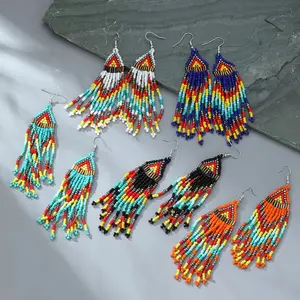 Bohemian Beaded Retro Earrings 5 Pairs 5 Colors Randomly Shipped European American Handmade Tassel Rice Bead Earrings for Women Fresh Sweet Vacation Style Glass Beads Accessories earring stack