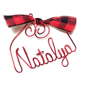 L. JENKINS DESIGNS Personalized Christmas Ornament Red Copper Wire Handcrafted with Red Plaid Bow Any Name Made Up to 9 Letters