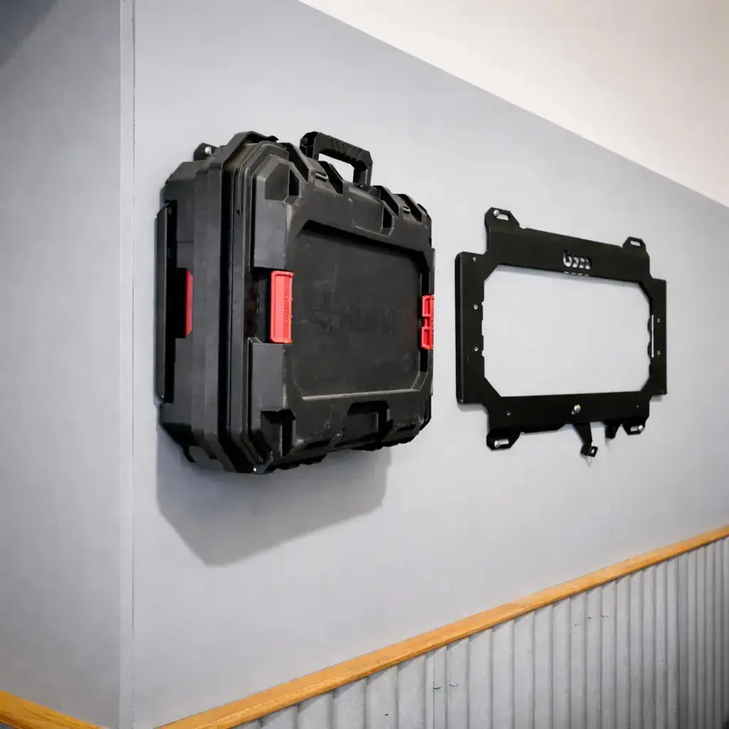 Painted 12 ga Metal Locking Mounting Plate for Husky Build-Out V2 - Low Profile, Heavy-Duty Locking Arm, Security Solution for Enclosed Trailers Storage, Multi-Use for Medium-to-Heavy Loads