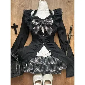 Autumn Winter Lolita Y2k Coquette Gyaru Rave Birthday Outfits 3 Piece Set Long Sleeve Tops + Bow Camisole + Hot Mini Skirt Woman