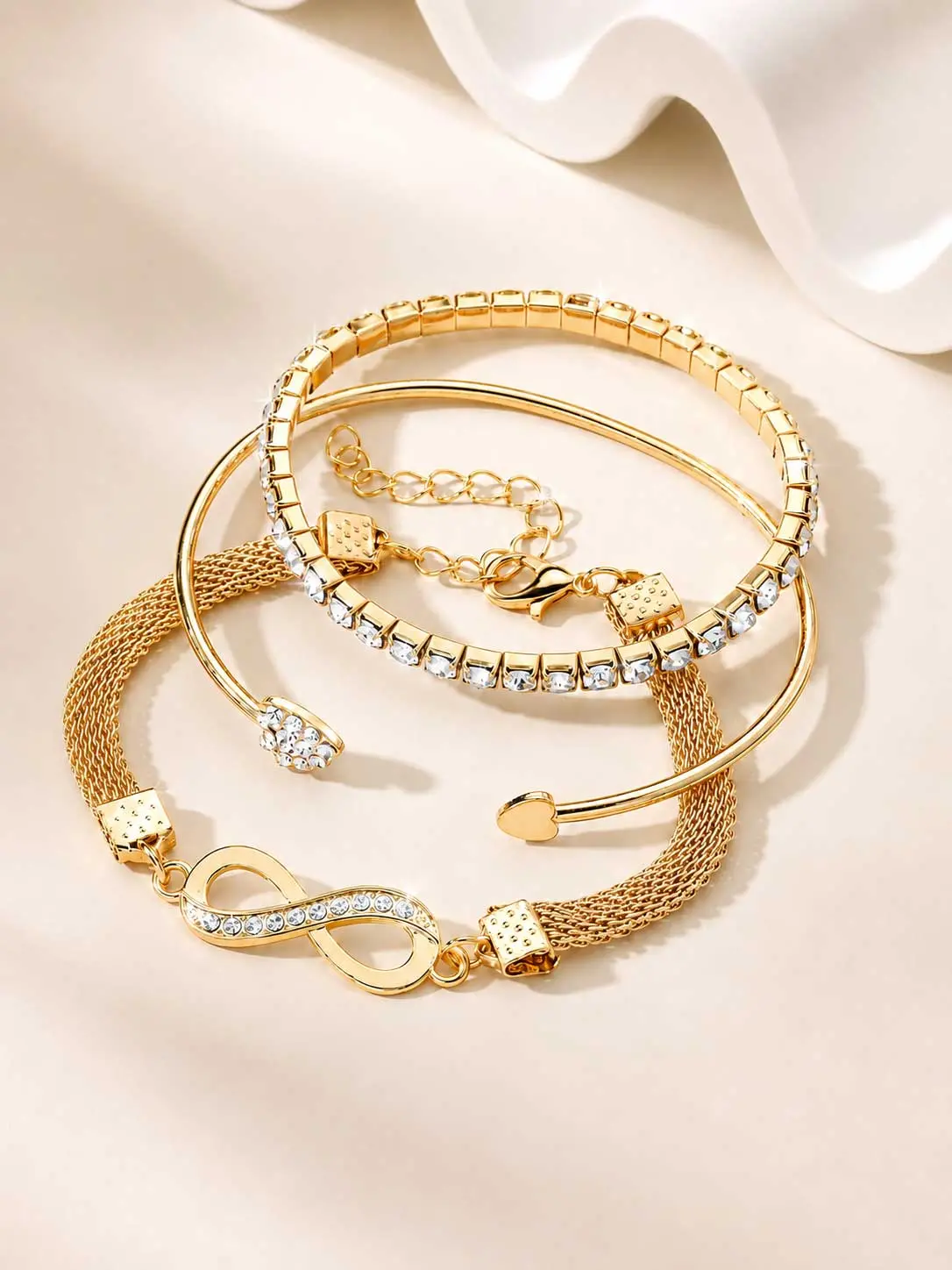 3Pcs Layered Bracelet Set for Women, Rhinestone Infinity Bracelet, Sparkly Tennis Bracelet, Open Cuff Bangle, Stackable Bracelet Bundle, Elegant Silver Tone Bangles Jewelry for Daily Wear Party Birthday Gift
