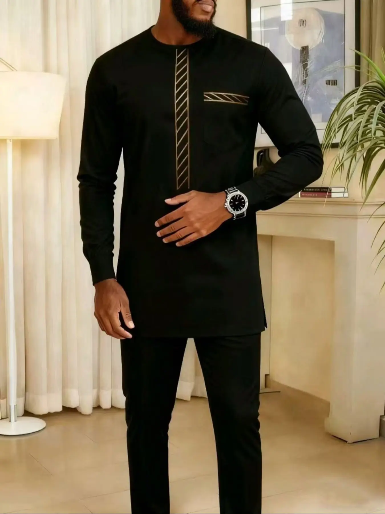 2 Piece Men's Suit Modest Muslim Style Round Neck Long Sleeve Embroidery Design Kaftan Kurta African Men's Casual Suit Wedding Holiday Party Business Ramadan Gift Men's Traditional Clothing