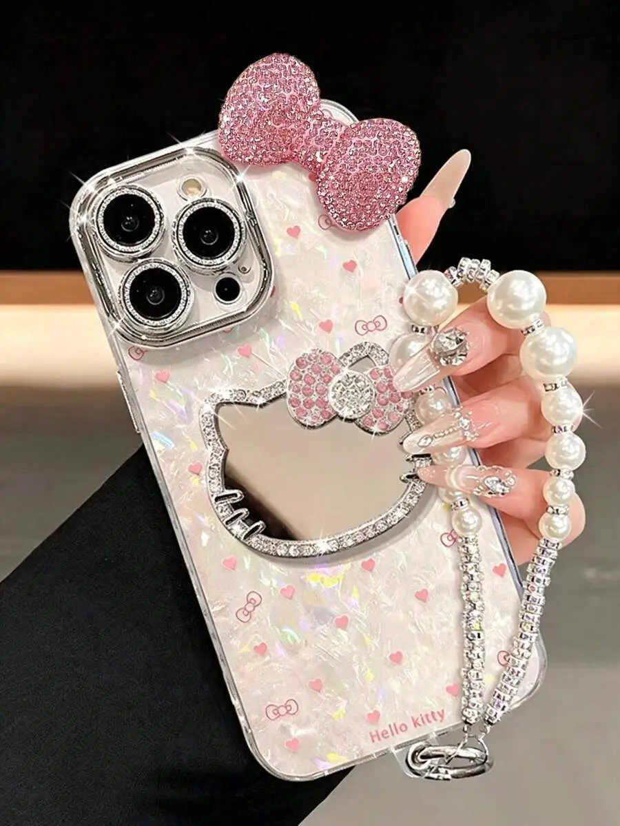 1pc 3D Rhinestone Bow Heart Hello Kitty Mirror Phone Case - Heart Hello Kitty Shell Texture, Girls Fashion Creative Hello Kitty Sanrio Phone Case, Waterproof Anti-Drop Shockproof Material, Laser Color-Changing Heart, 3D Rhinestone Hello Kitty Head, Rhine