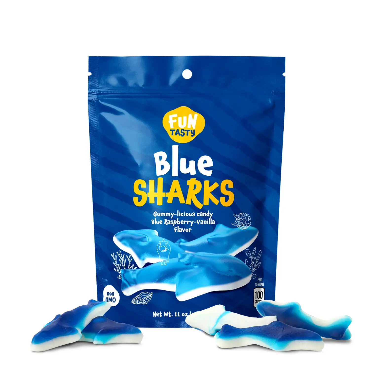 Funtasty Blue Sharks Gummy Candy, Blue Raspberry Marshmallow Flavor - 11-Ounce Bag Sweet Soft
