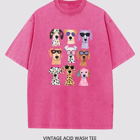 [Upgrade]Holafish Women's Vintage Acid Wash Tee with Cute Funny Dog Graphic, Soft and Breathable Cotton, Loose Casual Style, Essential for Everyday Wear and Versatile Summer Outfits