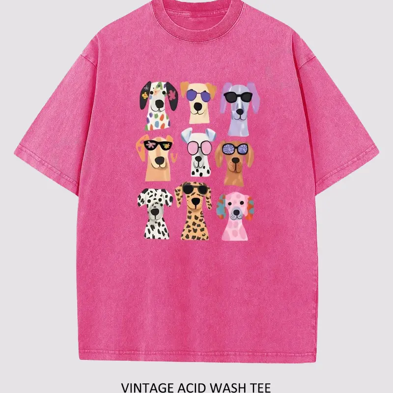 [Upgrade]Holafish Women's Vintage Acid Wash Tee with Cute Funny Dog Graphic, Soft and Breathable Cotton, Loose Casual Style, Essential for Everyday Wear and Versatile Summer Outfits