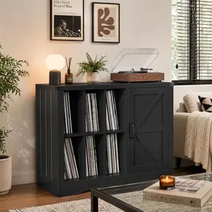 Farmhouse Record Player Stand with Barn Doors, 39.4" Turntable Table with Display Shelves, Wooden Media Console & LP Record Holder for Living Room, Black
