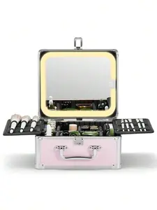Makeup Box With A Detachable Lighted Mirror, Waterproof Travel Train Case, Cosmetic Organizer And Makeup Suitcase With Adjustable Dividers, Magnetic LED Mirror