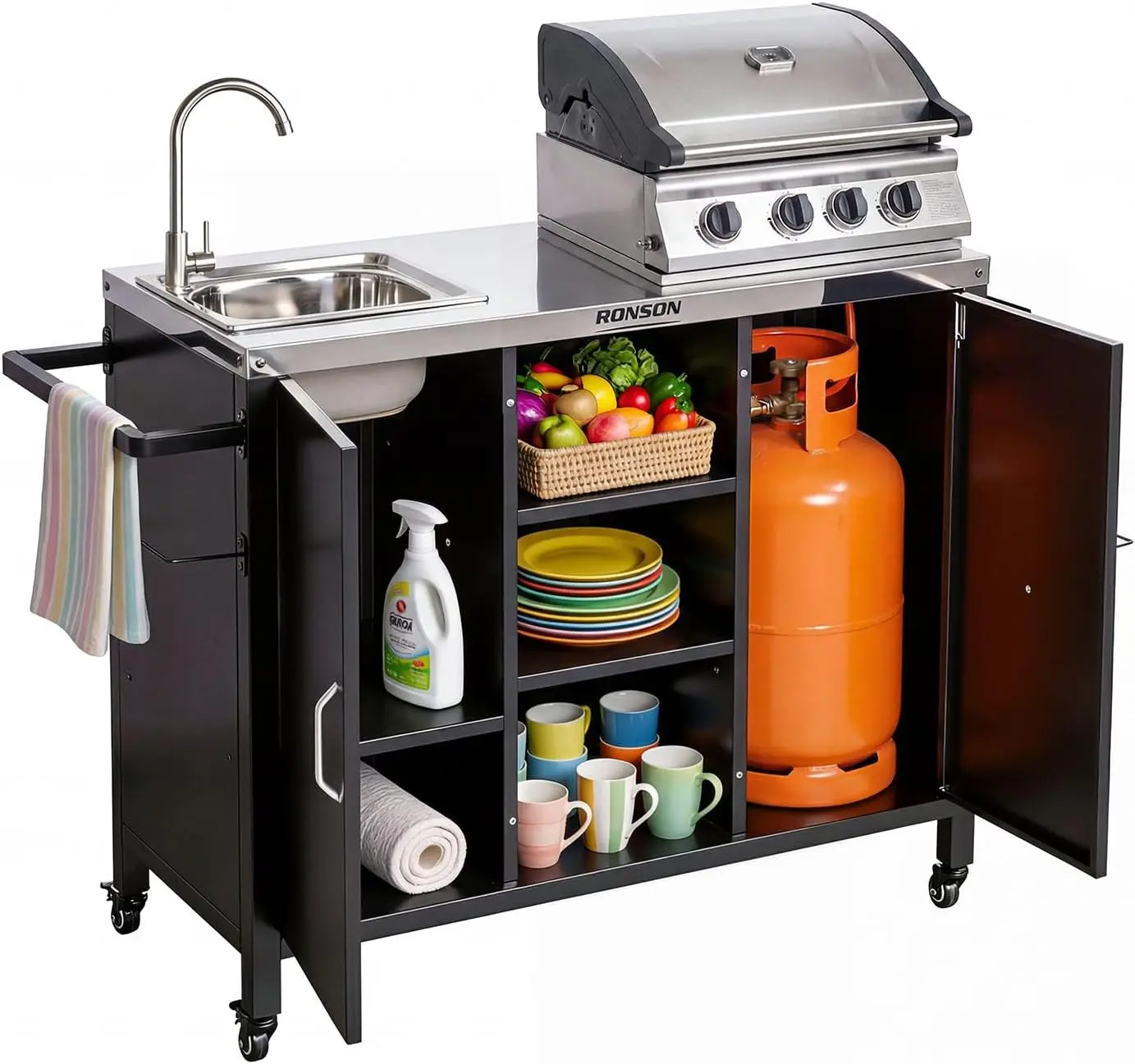 ROVSUN Outdoor Grill Cart with Sink, 304 Stainless Steel Sink with Gas Storage Area, Rolling Kitchen Prep Table with Cabinet, Paper Rack, Rubbish Rack, for Backyard Cooking, Gardens, Patio