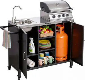 ROVSUN Outdoor Grill Cart with Sink, 304 Stainless Steel Sink with Gas Storage Area, Rolling Kitchen Prep Table with Cabinet, Paper Rack, Rubbish Rack, for Backyard Cooking, Gardens, Patio