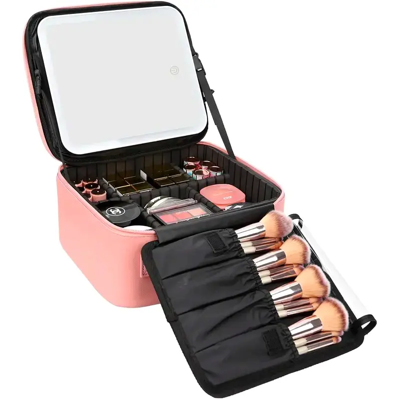 Makeup Case with LED Mirror, Travel Makeup Organizer with Adjustable Dividers & Brush Holder