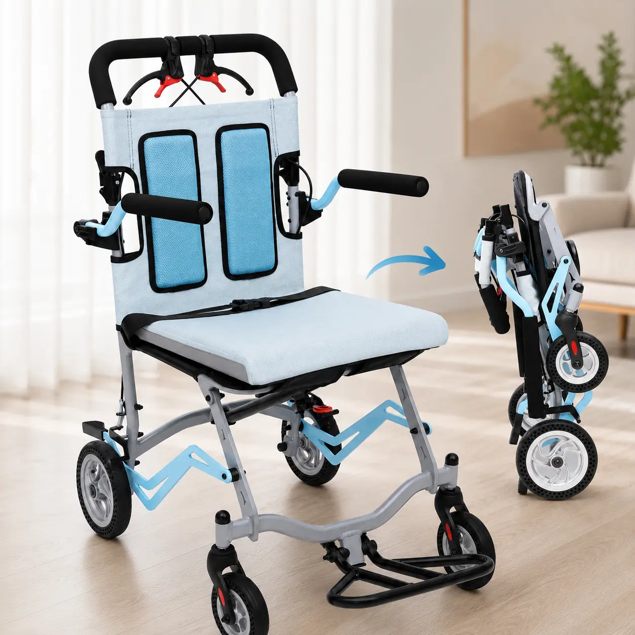 Ultra-Light Foldable Transport Wheelchair for Adults, Portable Wheelchair with Flip-Back Armrests, Swing-Away Footrests & Locking Handbrakes for Travel