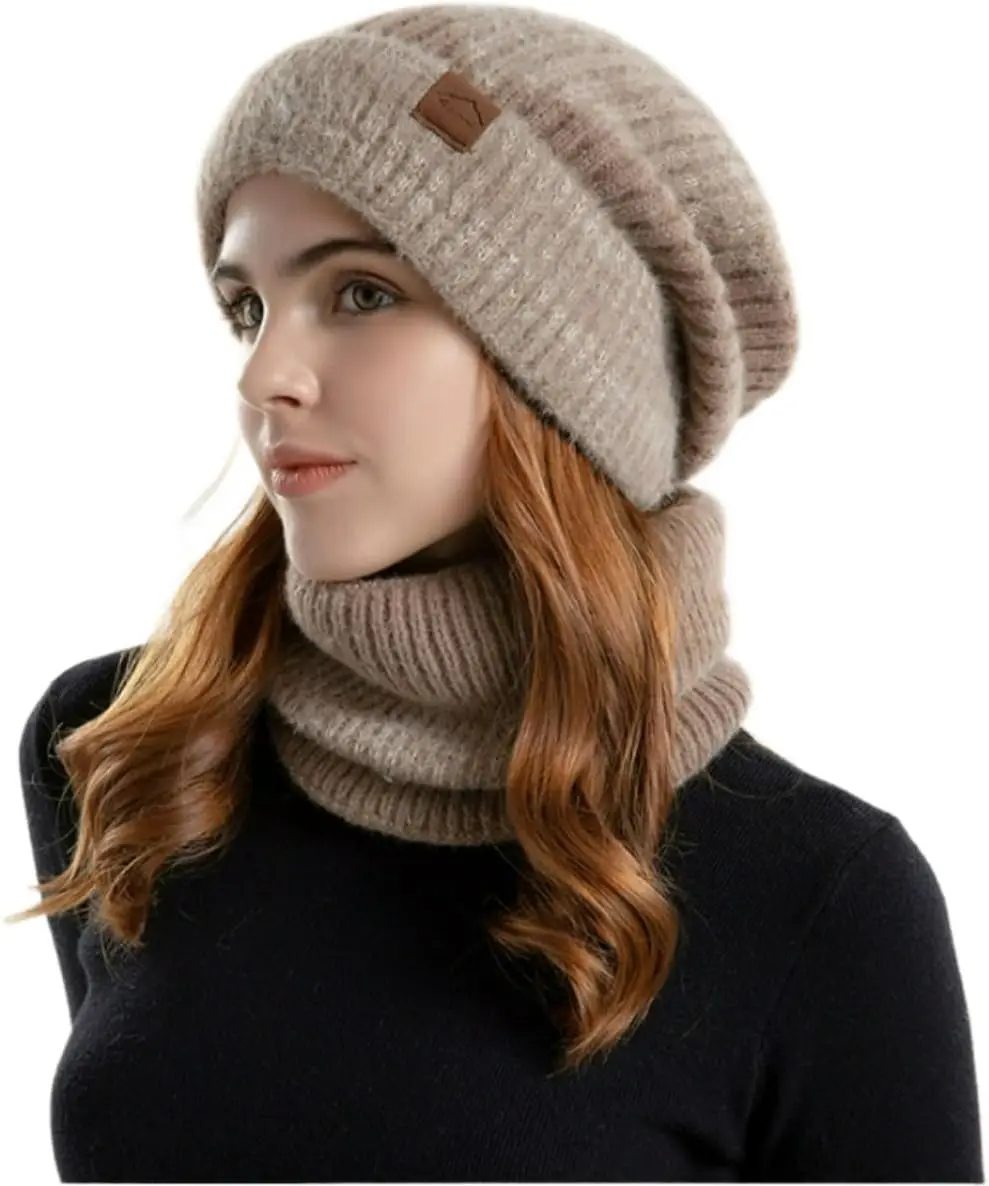 Polyester Thermal Earmuff Hat and Scarf Set - Double-Layer Knitted Beanie with Ear Flaps and Matching Neck Gaiter for Skiing and Snowboarding Women Fashionable Warm Winter