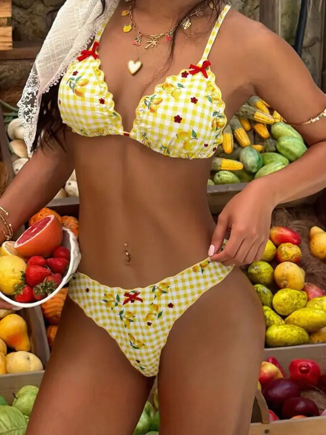 Women's Lemon Yellow Plaid 2-Piece Casual Beach/Pool Swimsuit with Red Bow, Removable Pads, Beach Party & Vacation Outfits