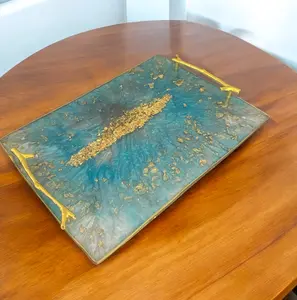 Decorative Resin Serving Tray with Blue Geode Design, Gold Handles, 14 x 9 Inches Plates Stylish