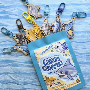 Cappy Trails Shark Wooden keychain Charms Blind Bag Collectible Original Art with 9 to Collect Unique Sea Life Designs