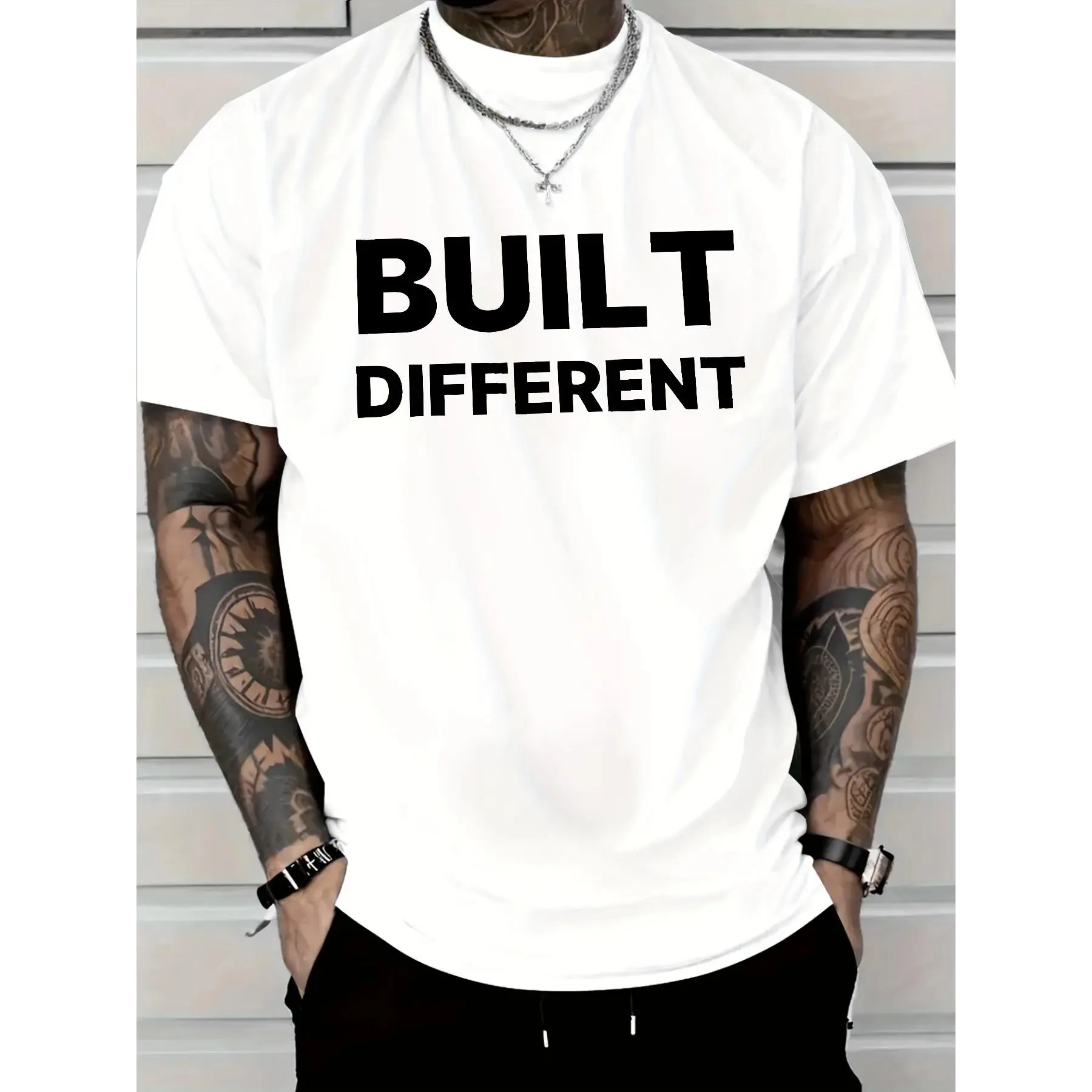 Men's Shortsleeve Graphic Tee - 'Be Different' Printed, Casual Outfits Menswear, Crew Neck, All-Season Comfort Sports Top