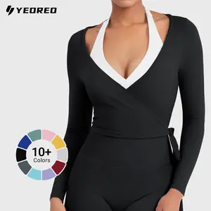 YEOREO Flattering V Neck Wrap Crop Top Long Sleeve Yoga Tie Shirt Breathable Pilates Ballet Workout Tops Athleisure Fashion