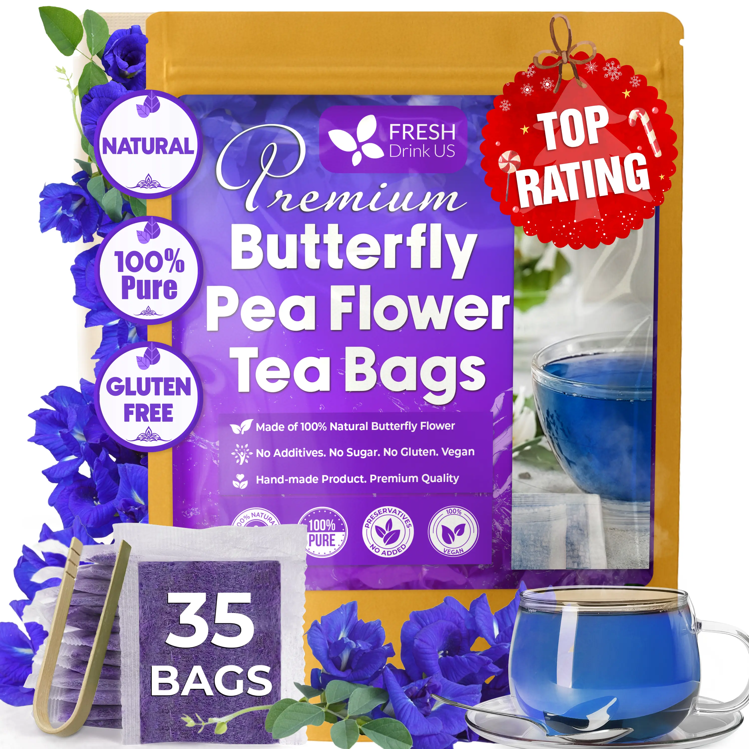 【FreshDrinkUS】 Premium Butterfly Pea Tea, 100% Natural and Pure from Butterfly Pea Flowers, Hand-made, Made With Natural Materials-Corn Fiber Tea Bag, Sugar/Caffeine/Gluten Free, Vegan, Natural Beverage