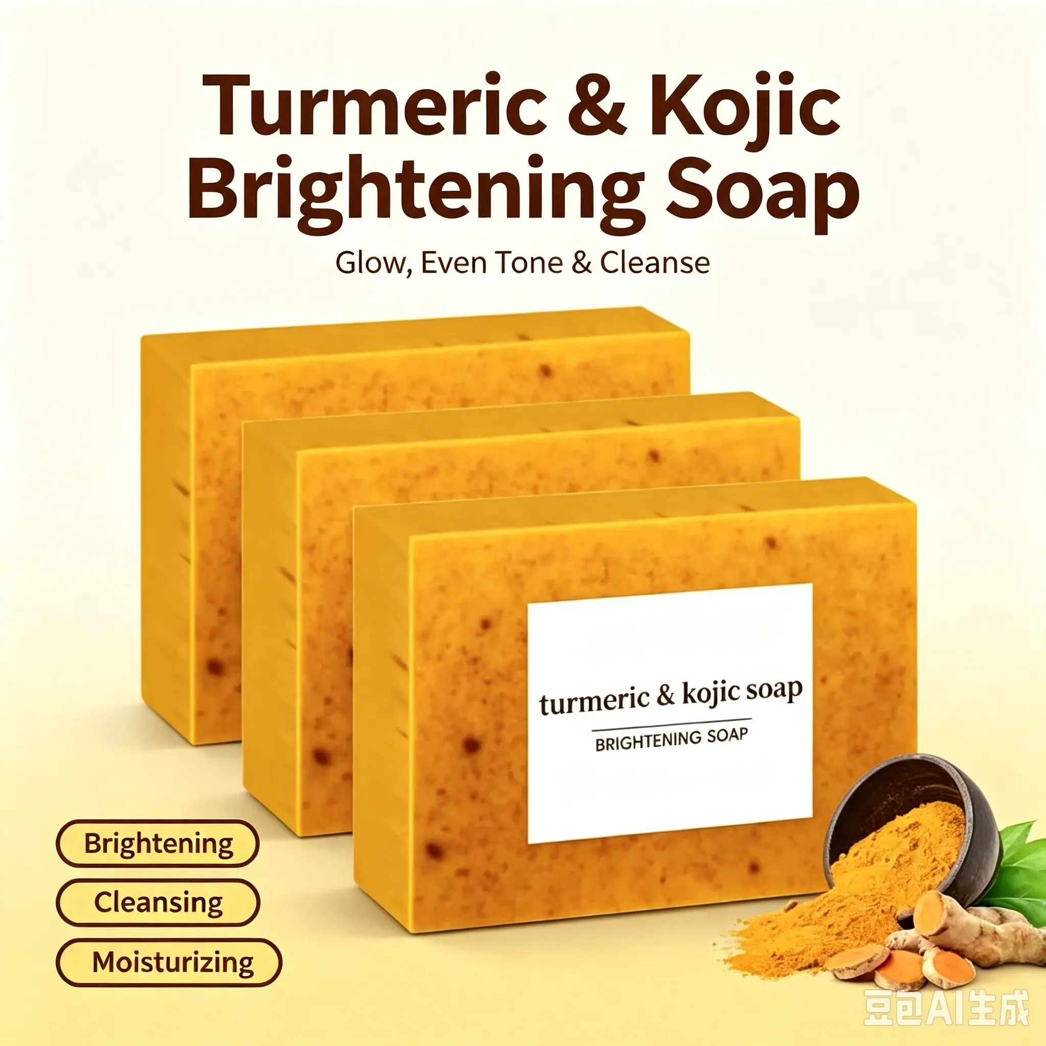 Turmeric Soap Bar - Kojic Acid Brightening Formula with Shea Butter, Vitamin C, Vegan, Paraben-Free Gentle Cleanser for Face, Body