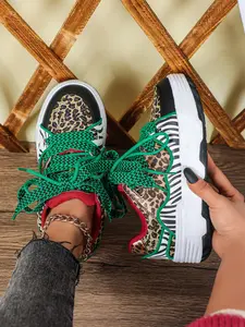 New Fashion Retro Leopard Print Thick Sole Women's Casual Sports Shoes, Comfortable Breathable Low Top Lace-Up Couple Running Shoes, Breathable Running Sneakers