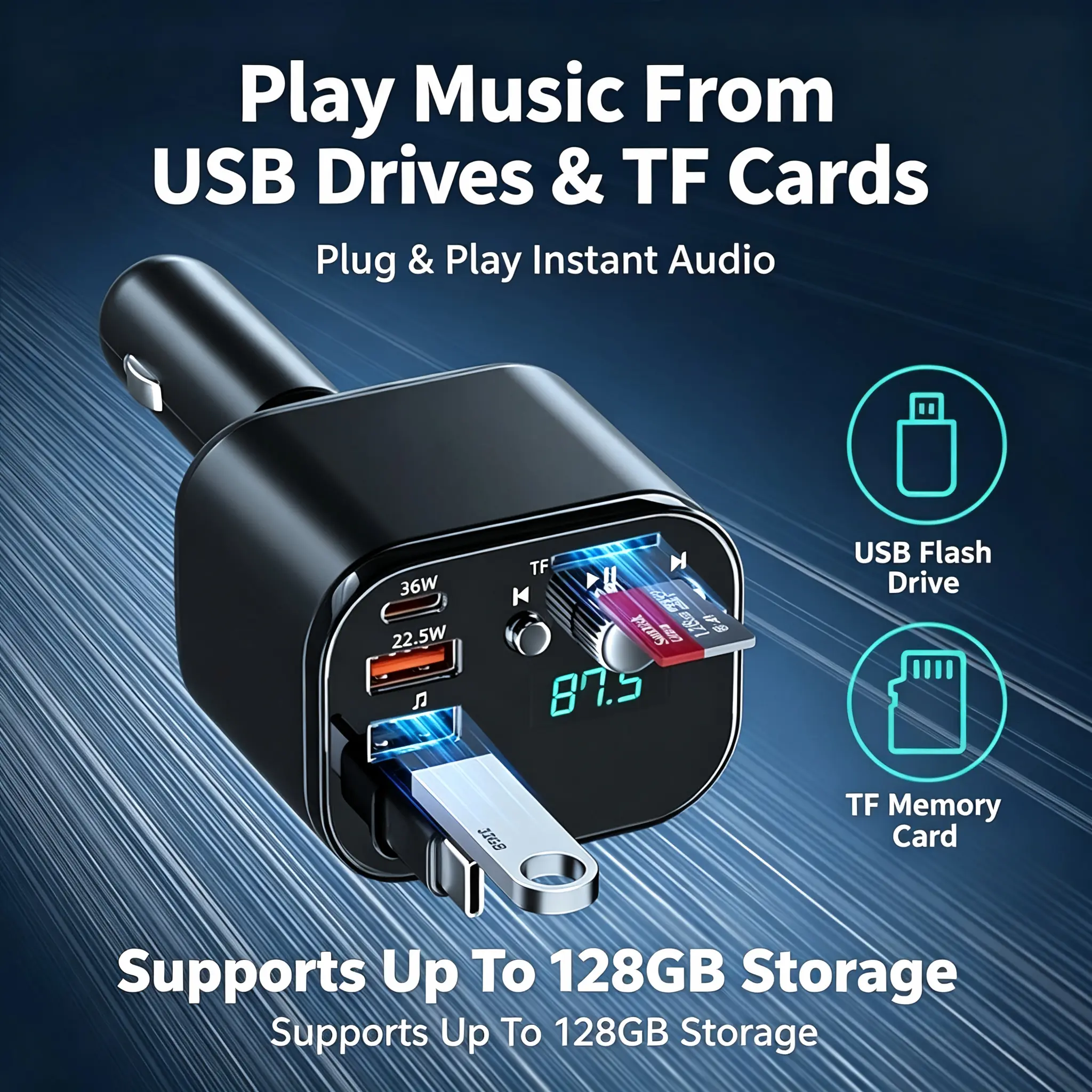 [Upgraded] Retractable Type-C Car Charger Bluetooth 5.0 FM Transmitter, Multi Port PD QC Fast Car Charger, Hands-Free Calling, Support USB TF Card Lossless Music Playback, Real-Time Car Battery Voltage Monitor Starry Sky Atmosphere Seamless Audio Streamin