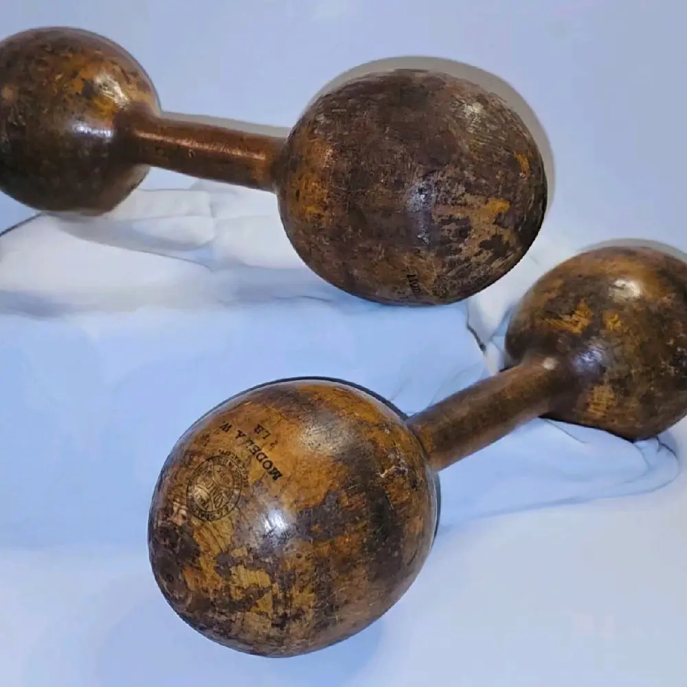 Vintage 1910s Spalding Wood Dumbells Model AW Antique Hand Weights 1Lb Gym Decor