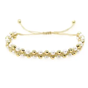 SHINUS Boho Handmade Braided Beaded Bracelet - Gold-Plated Beads, White Pearl Embellishments, Adjustable Beaded Design, Khaki Layered Boho Style Jewelry for Women, Friendship Gift Accessory