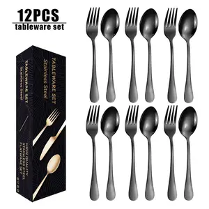 12pcs Black Stainless steel tableware fork and spoon set,Silverware Set, Silver Stainless Steel Flatware Set