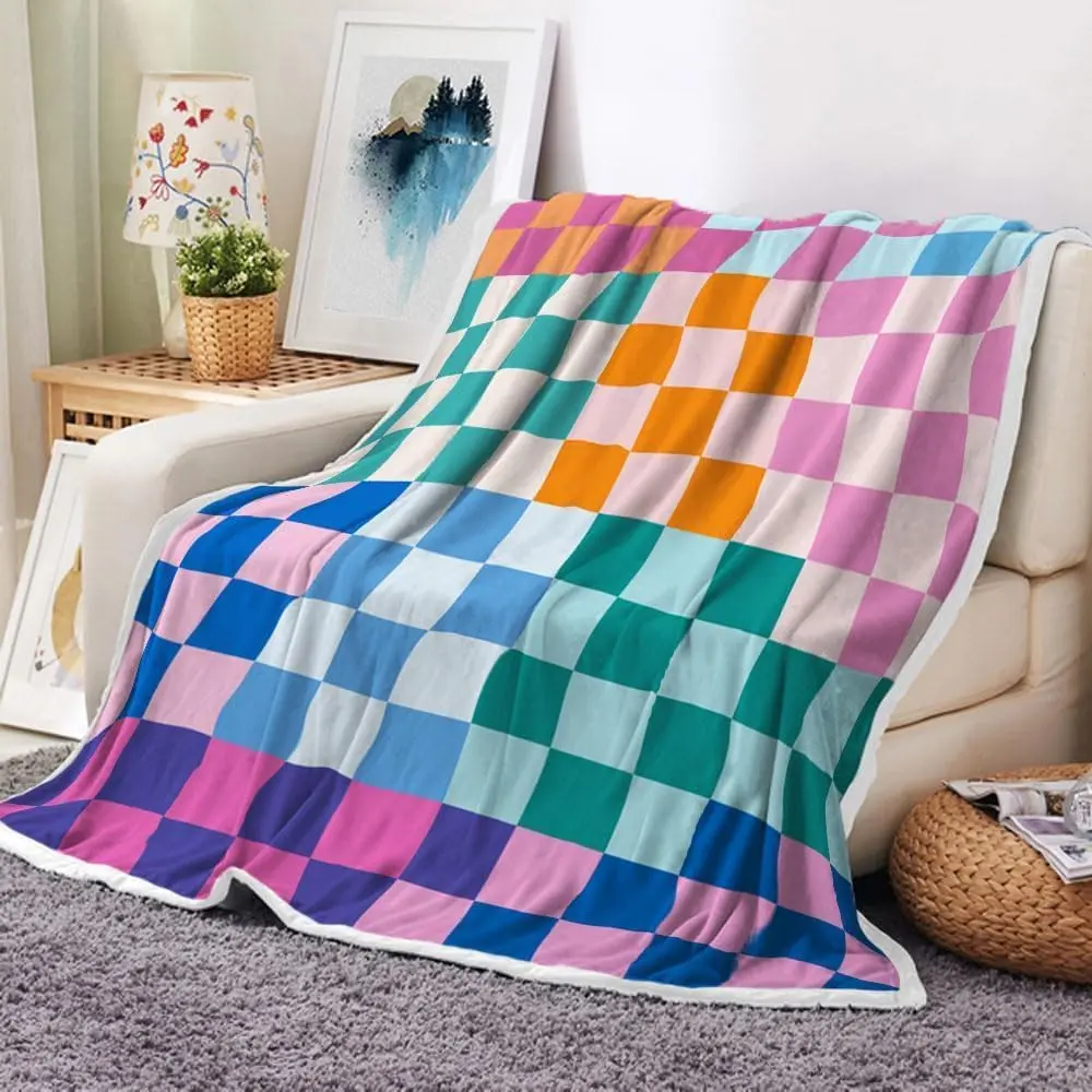 Vibrant Multicolor Checkerboard Grid Flannel Throw Blanket, Large Soft Lightweight Warm Decor Blanket, Multi-Purpose Sofa Cover, Wall & Front Door Hanging Tapestry, Y2K Playful Aesthetic Gift for Family and Friends